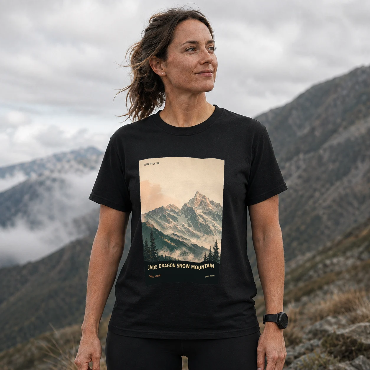 Black Jade Dragon Snow Mountain T-shirt front with mountain artwork