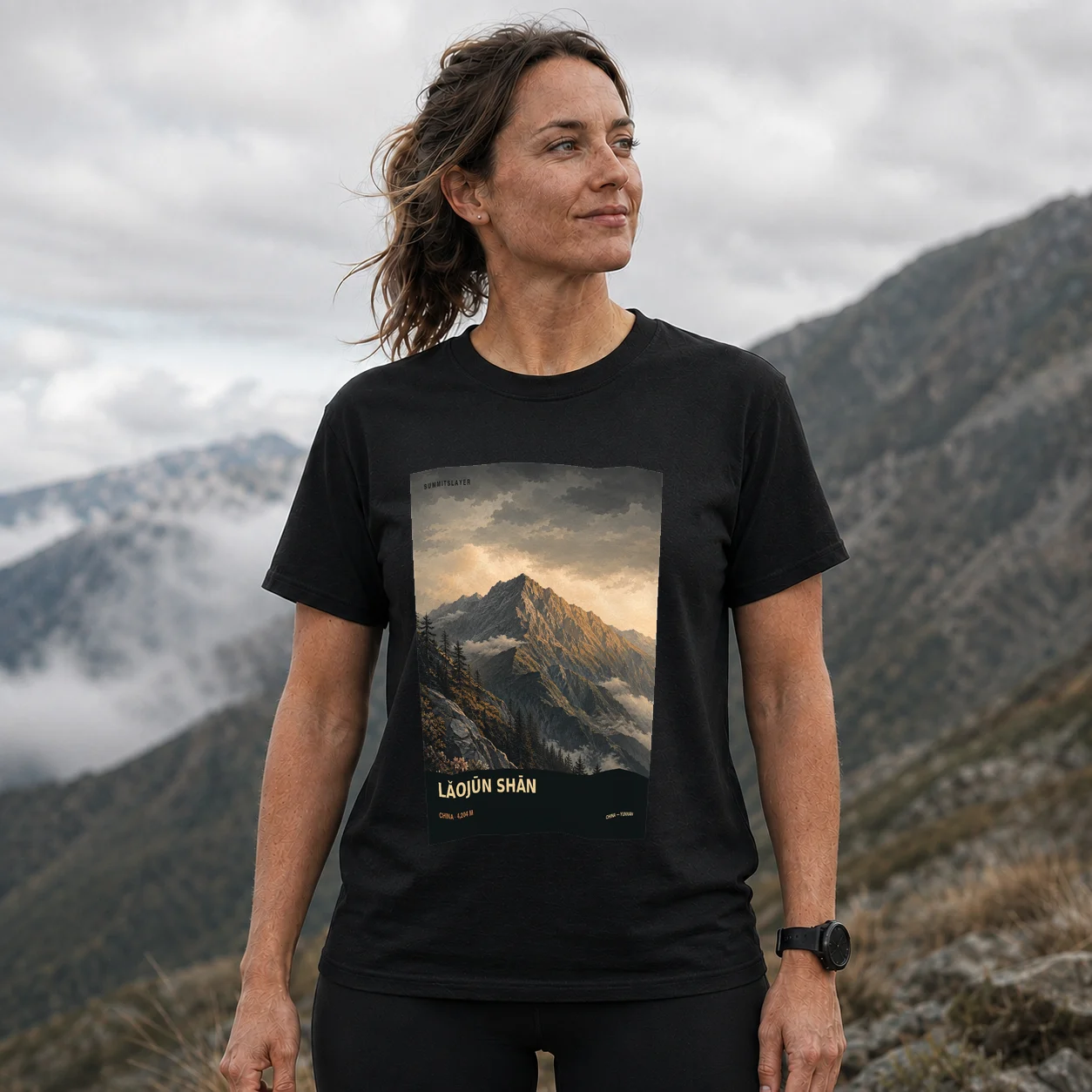 Black Laojun Shan T-shirt front with mountain artwork