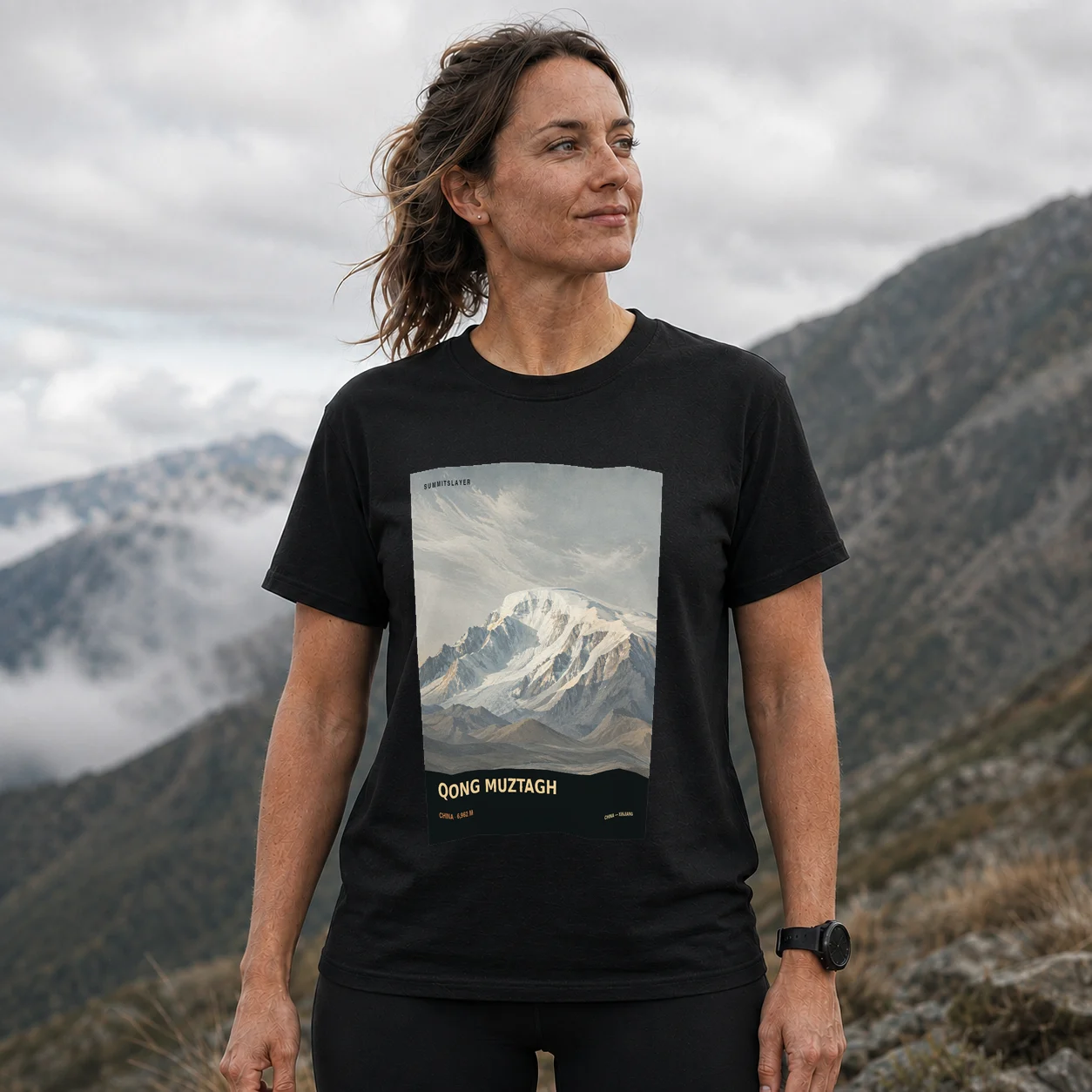 Black Qong Muztag T-shirt front with mountain artwork