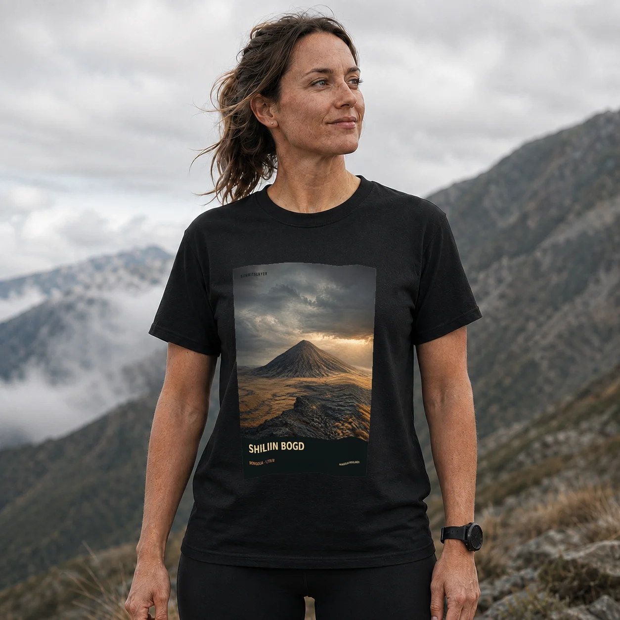 Black Shiliin Bogd Uul T-shirt front with mountain artwork
