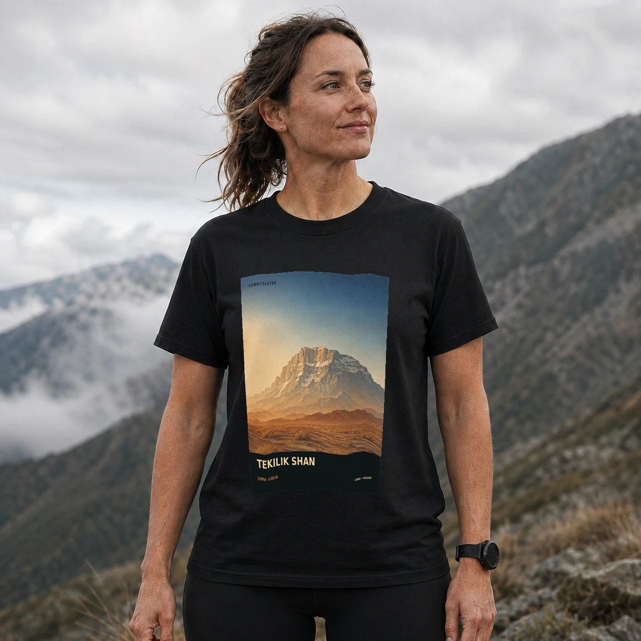 Black Tekilik Shan T-shirt front with mountain artwork