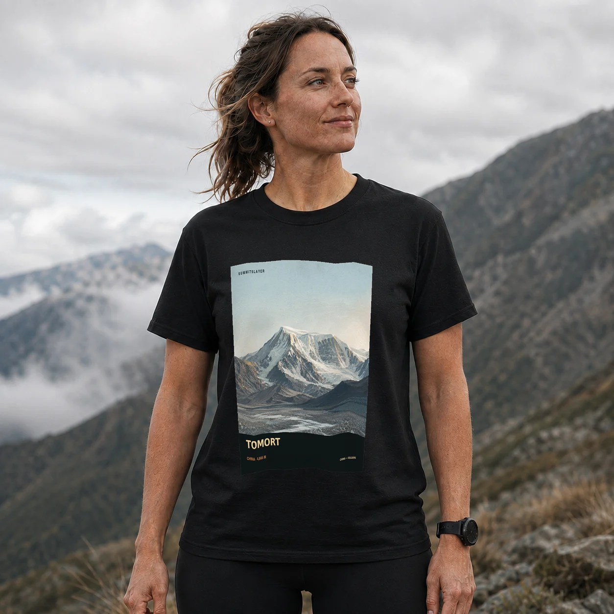 Black Tomort T-shirt front with mountain artwork