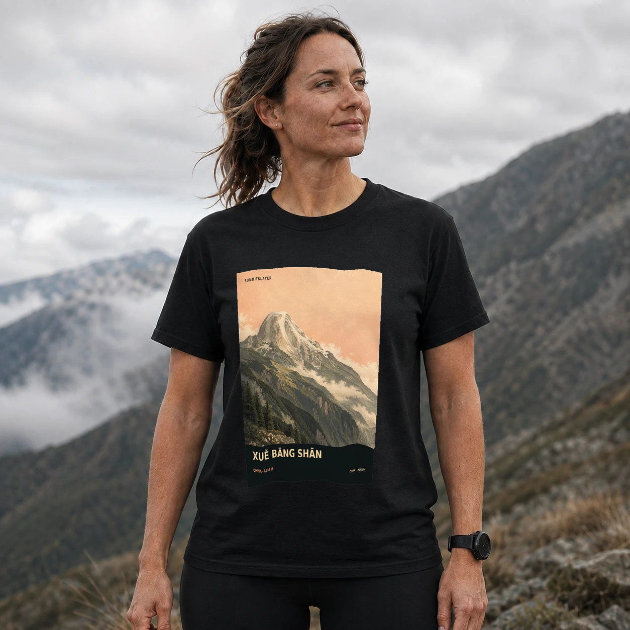 Black Xuebang Shan T-shirt front with mountain artwork