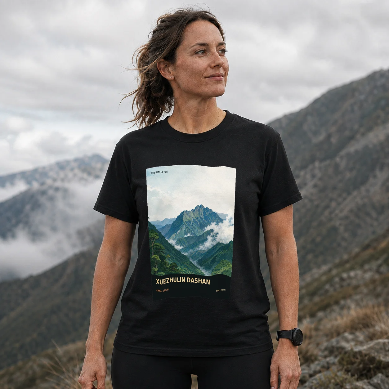 Black Xuezhulin Dashan T-shirt front with mountain artwork