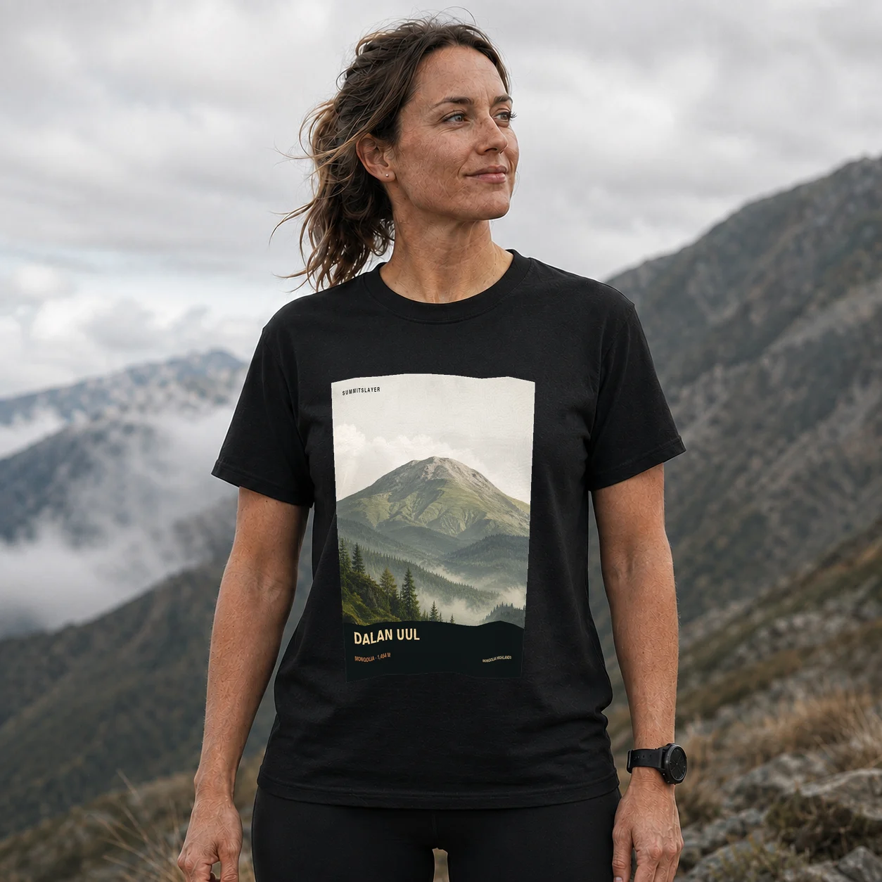 Black Dalan Uul T-shirt front with mountain artwork