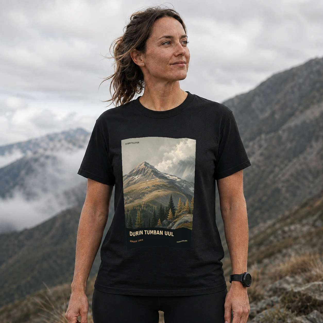 Black Durin Tumban Uul T-shirt front with mountain artwork