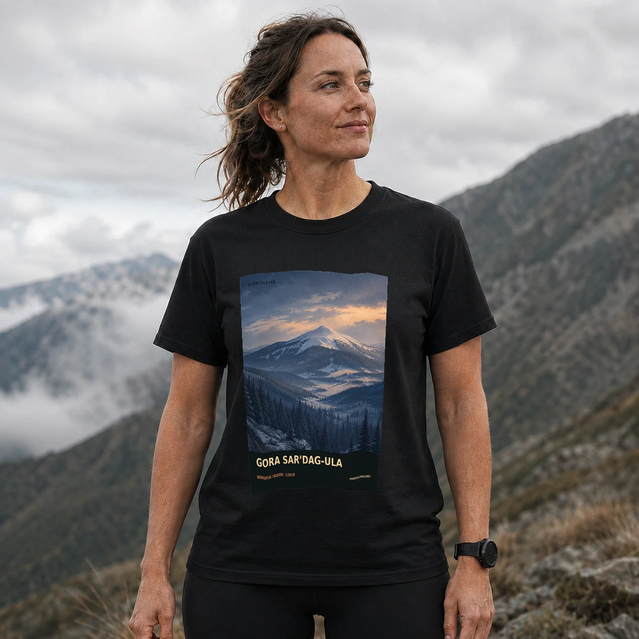 Black Gora Sar’dag-Ula T-shirt front with mountain artwork