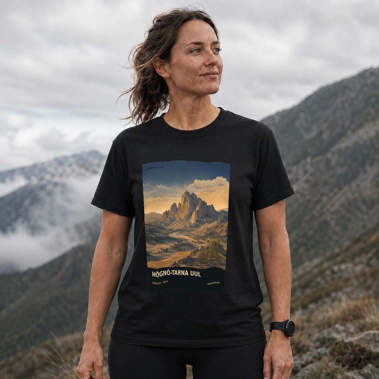 Black Högnö-Tarna Uul T-shirt front with mountain artwork