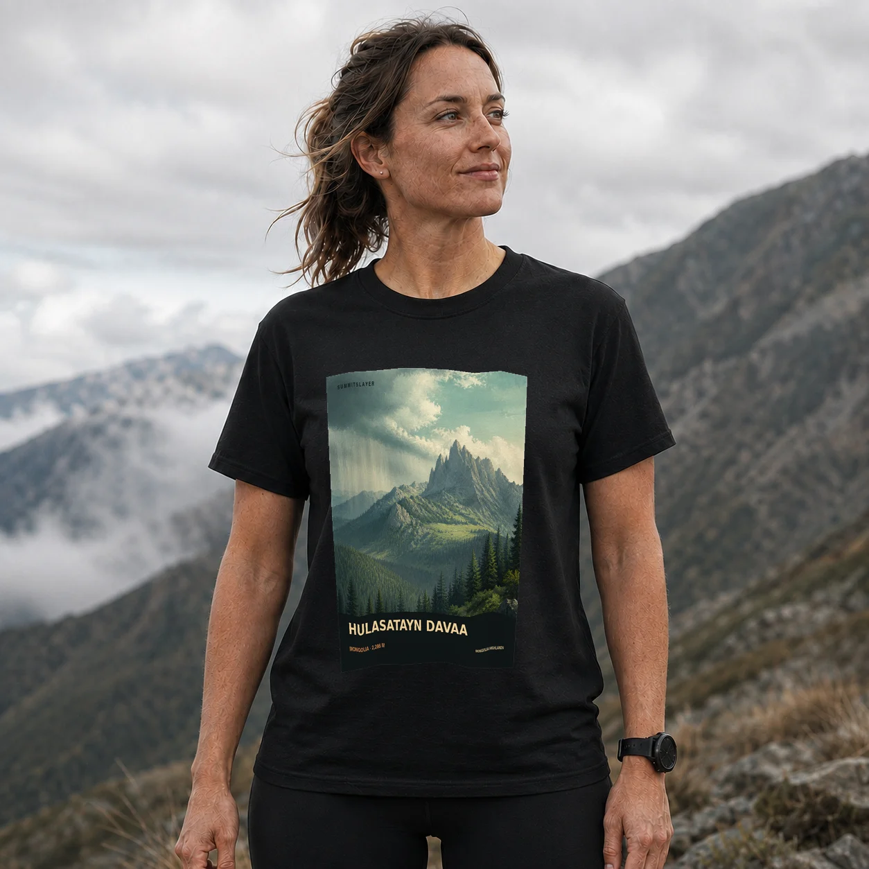 Black Hulasatayn Davaa T-shirt front with mountain artwork