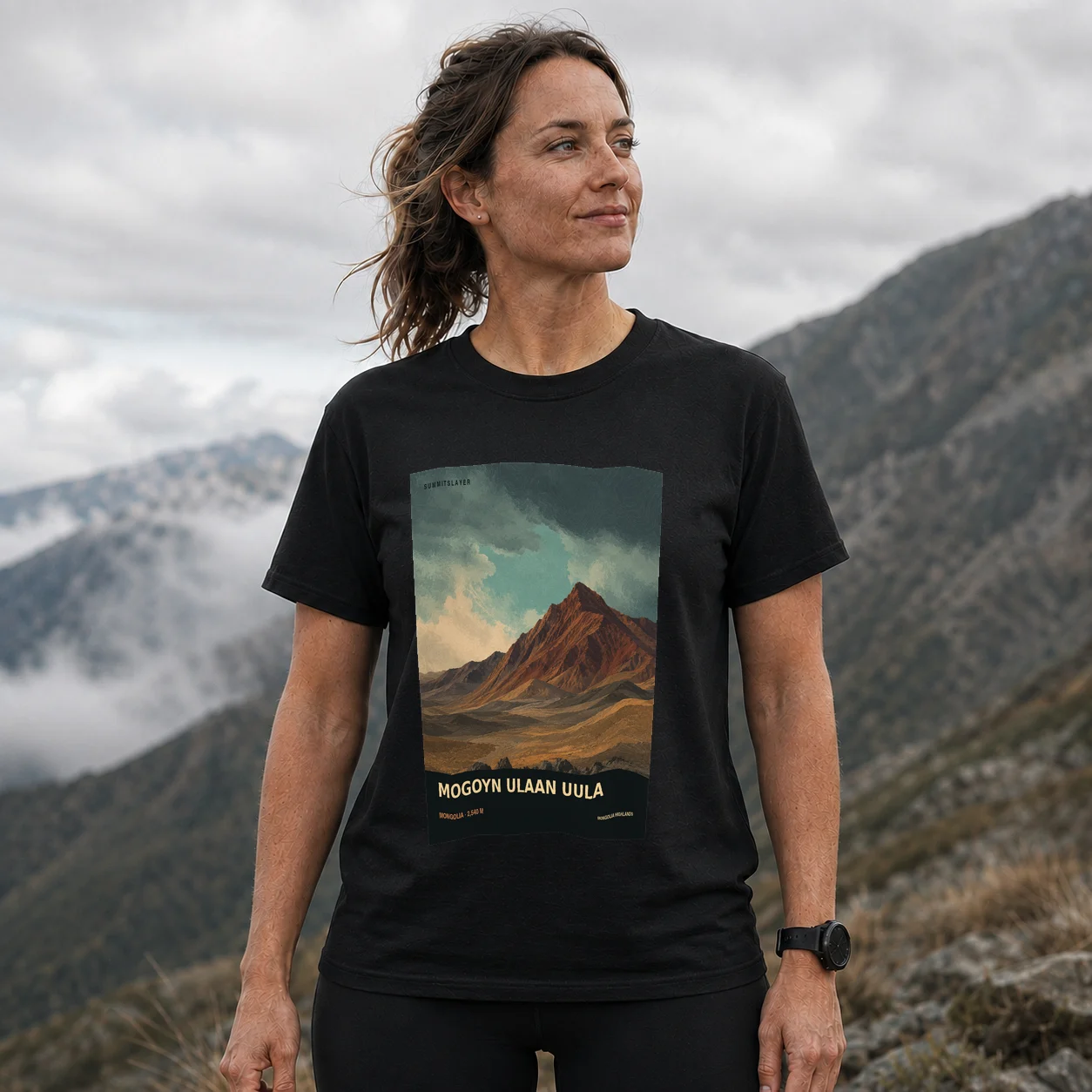 Black Mogoyn Ulaan Uula T-shirt front with mountain artwork