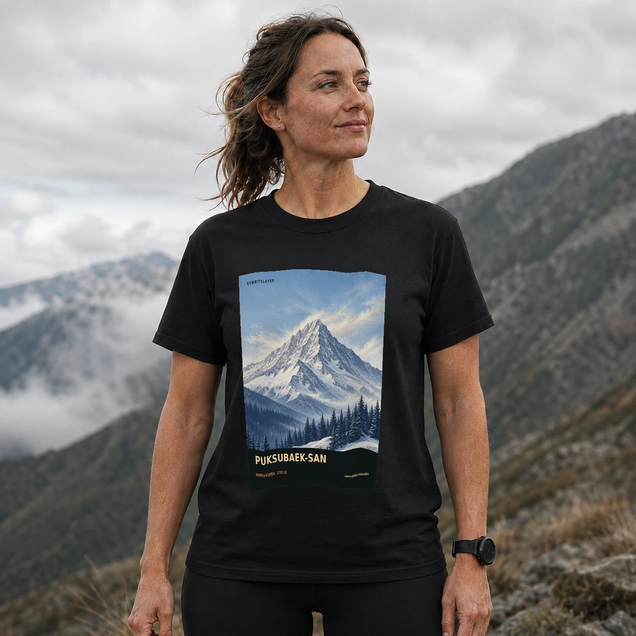 Black Puksubaek-san T-shirt front with mountain artwork