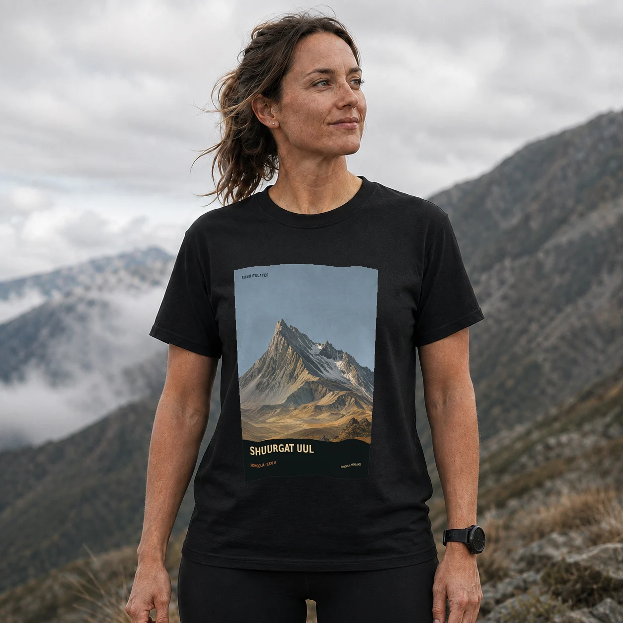 Black Shuurgat Uul T-shirt front with mountain artwork