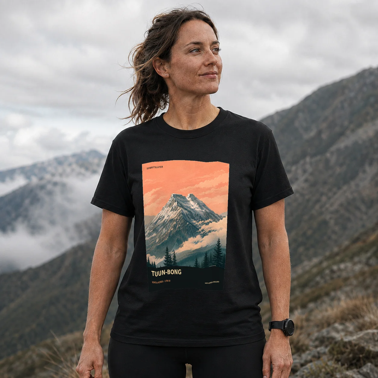 Black Tuun-bong T-shirt front with mountain artwork
