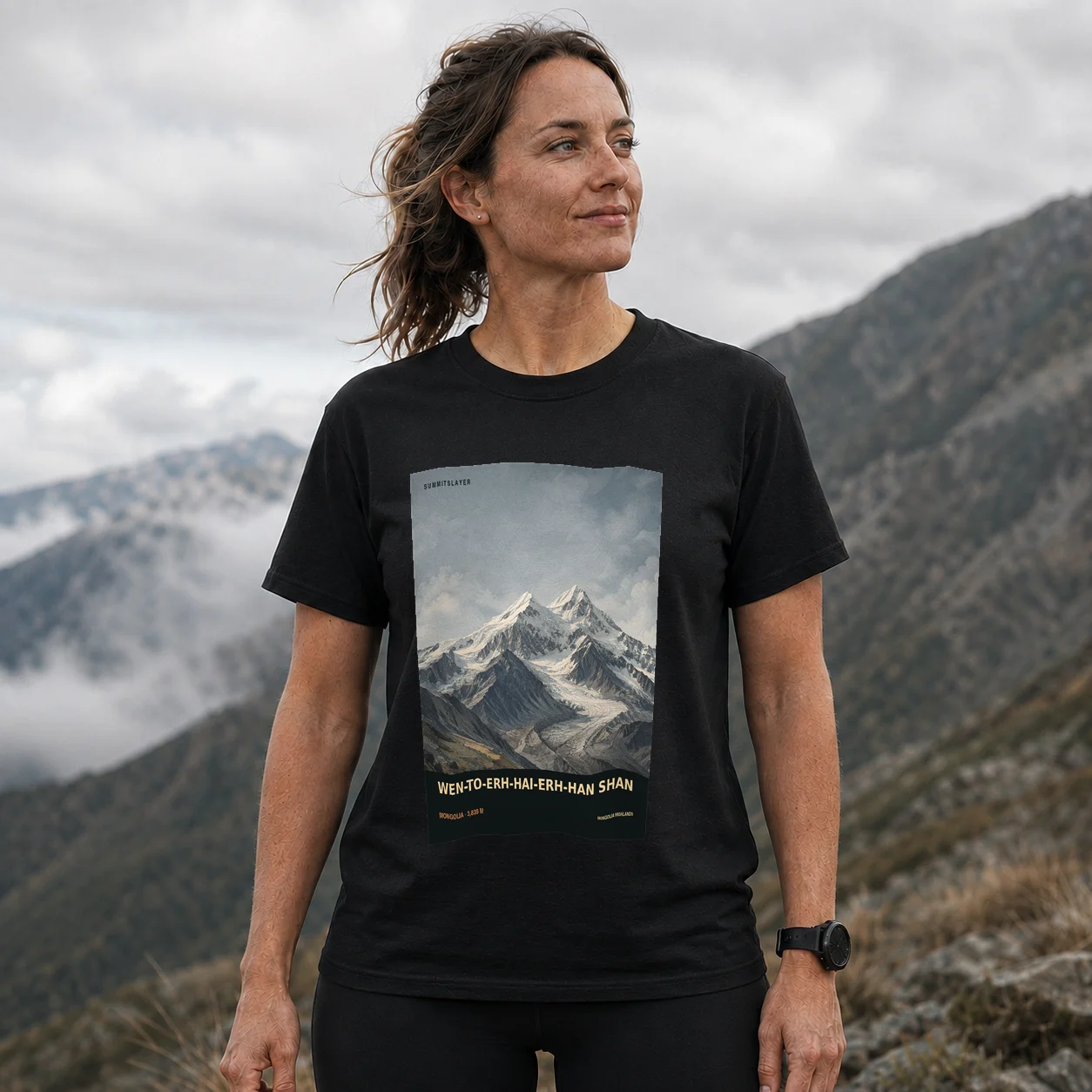 Black Wen-to-erh-hai-erh-han Shan T-shirt front with mountain artwork
