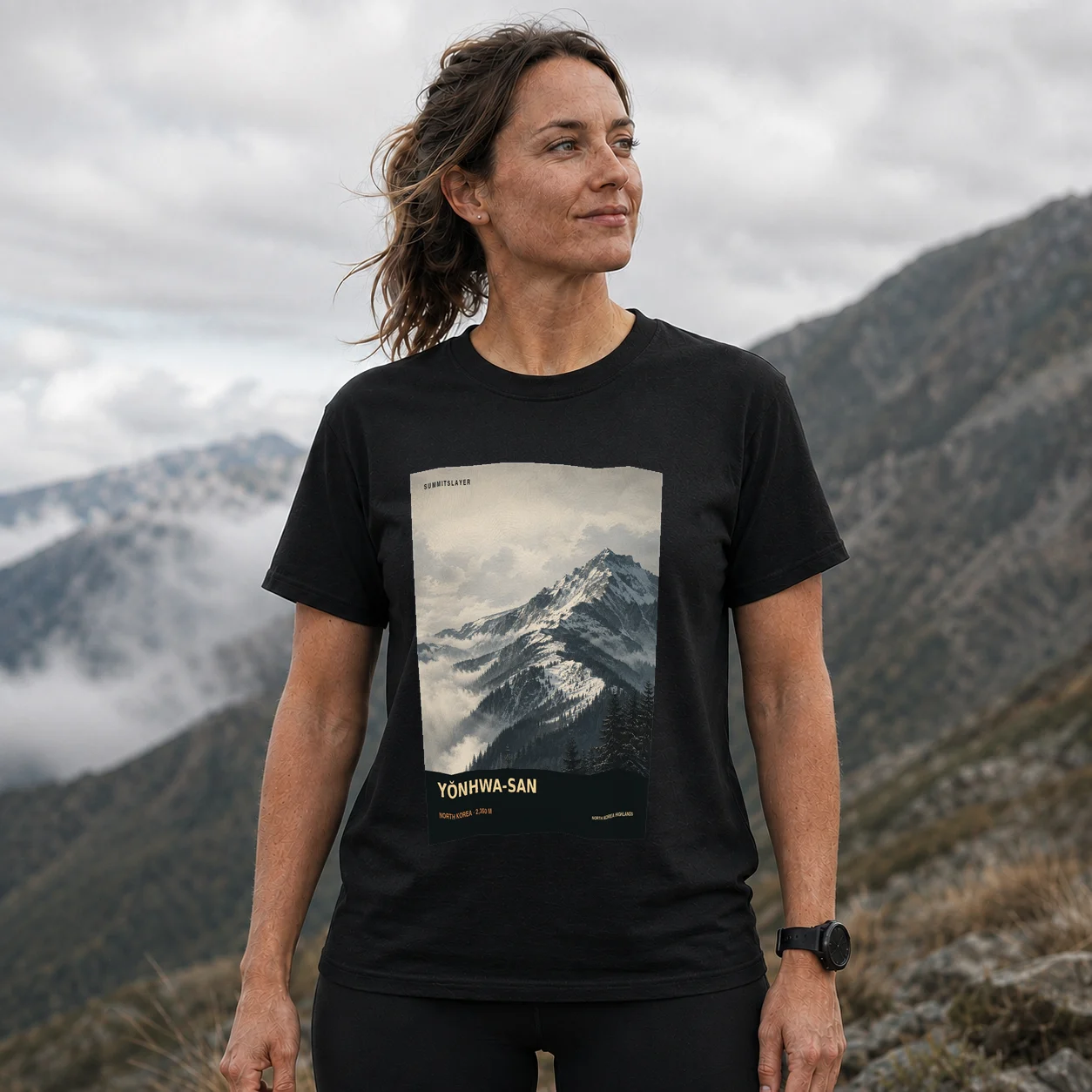 Black Yŏnhwa-san T-shirt front with mountain artwork