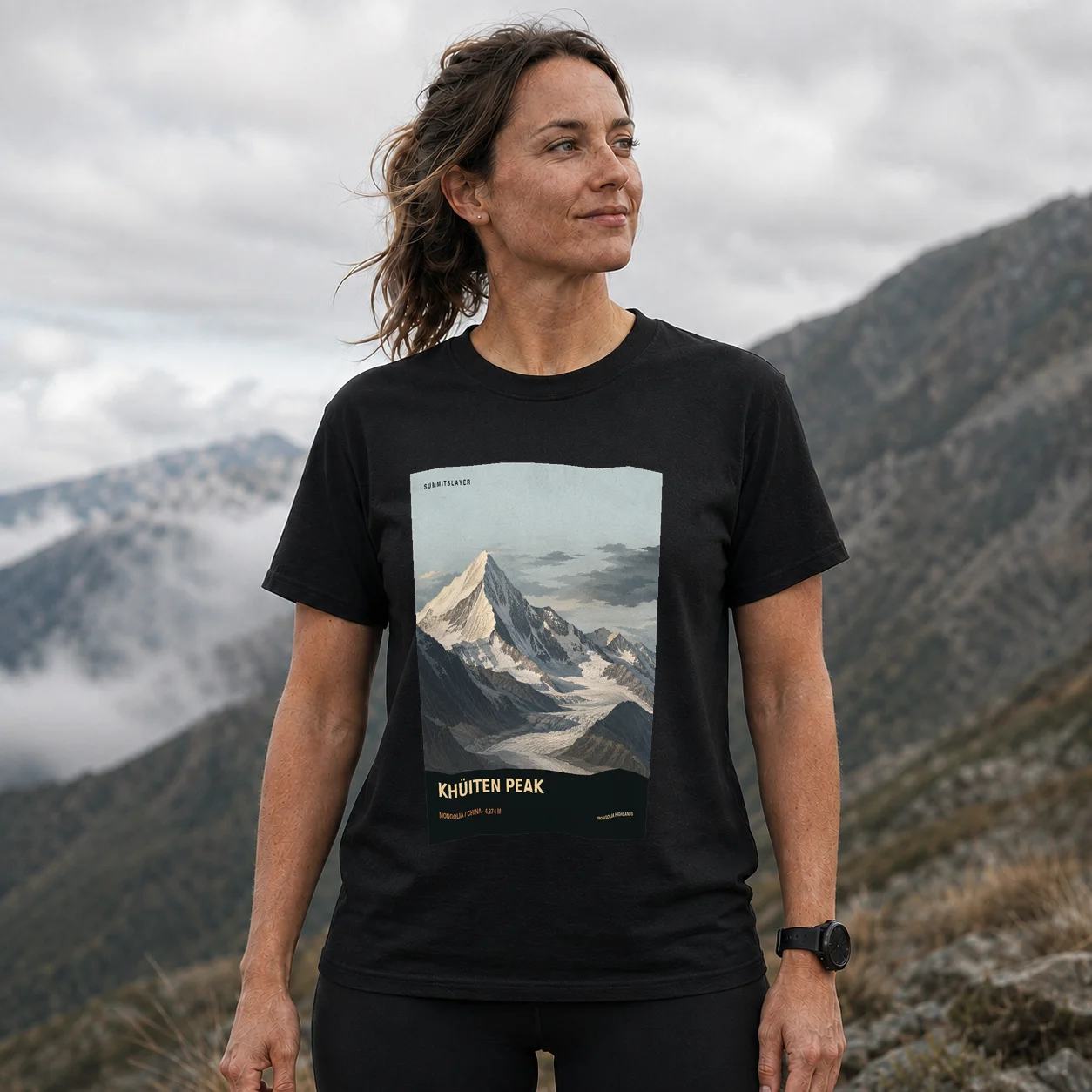Black Youyi Feng T-shirt front with mountain artwork