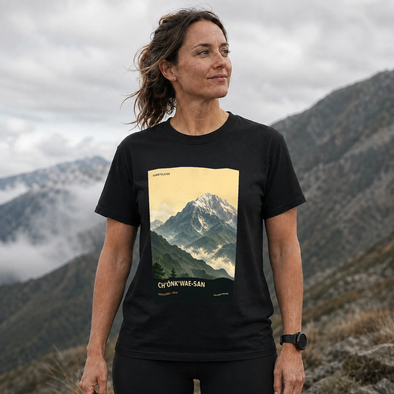 Black Ch’ŏnk’wae-san T-shirt front with mountain artwork