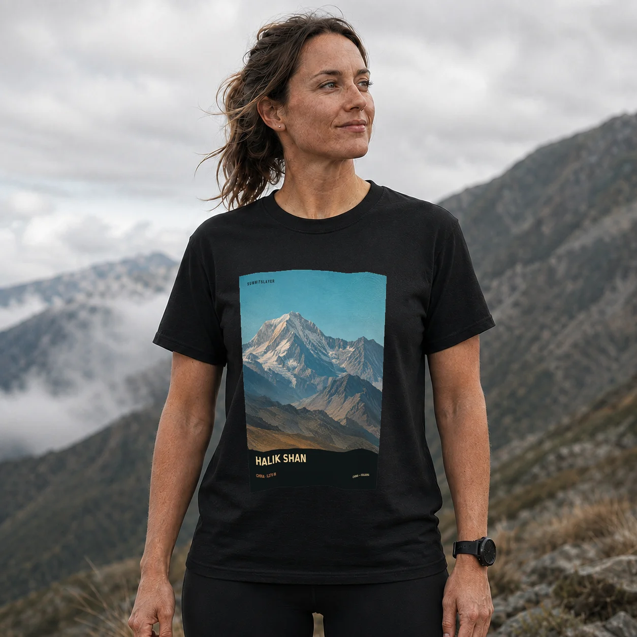 Black Halik Shan T-shirt front with mountain artwork