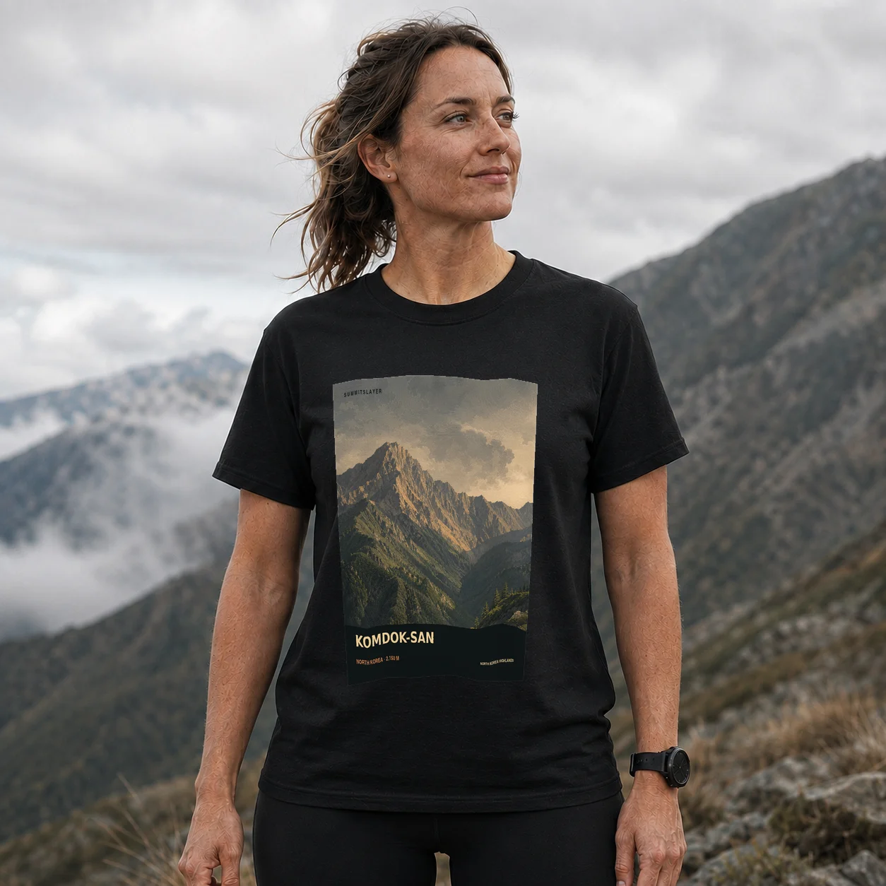 Black Kŏmdŏk-san T-shirt front with mountain artwork