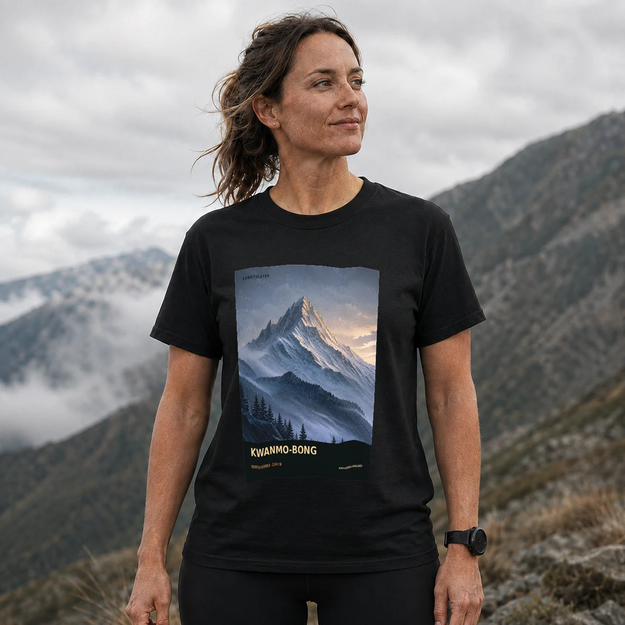 Black Kwanmo-bong T-shirt front with mountain artwork