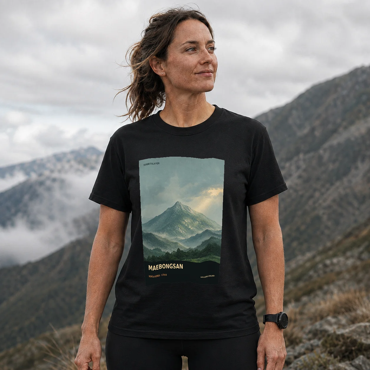 Black Maebongdegi T-shirt front with mountain artwork