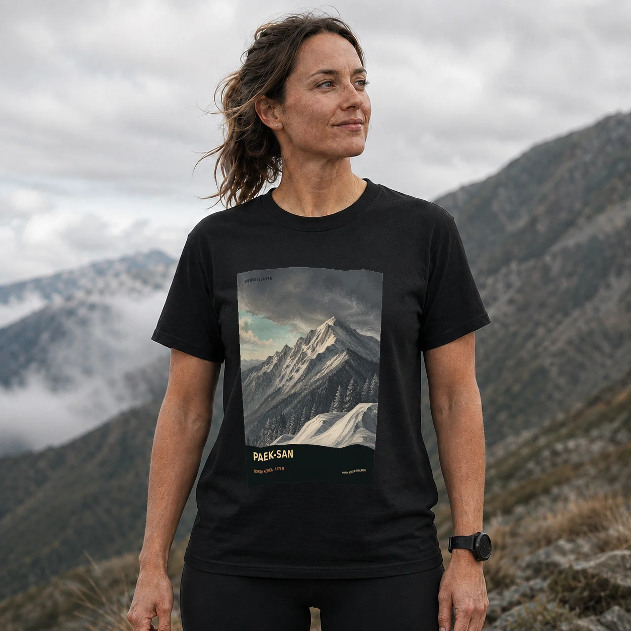Black Moktan-bong T-shirt front with mountain artwork