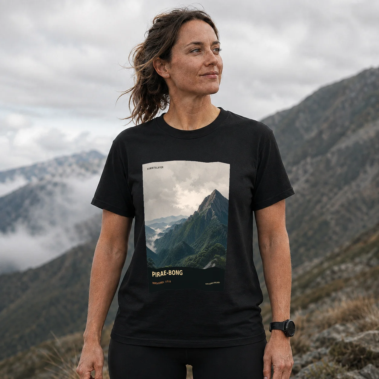 Black Pirae-bong T-shirt front with mountain artwork