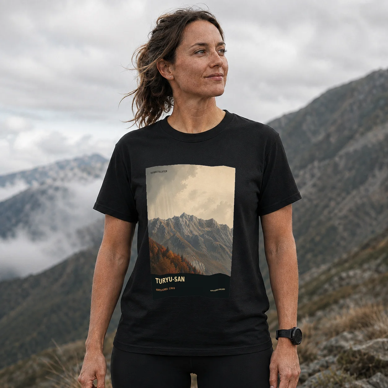 Black Turyu-san T-shirt front with mountain artwork