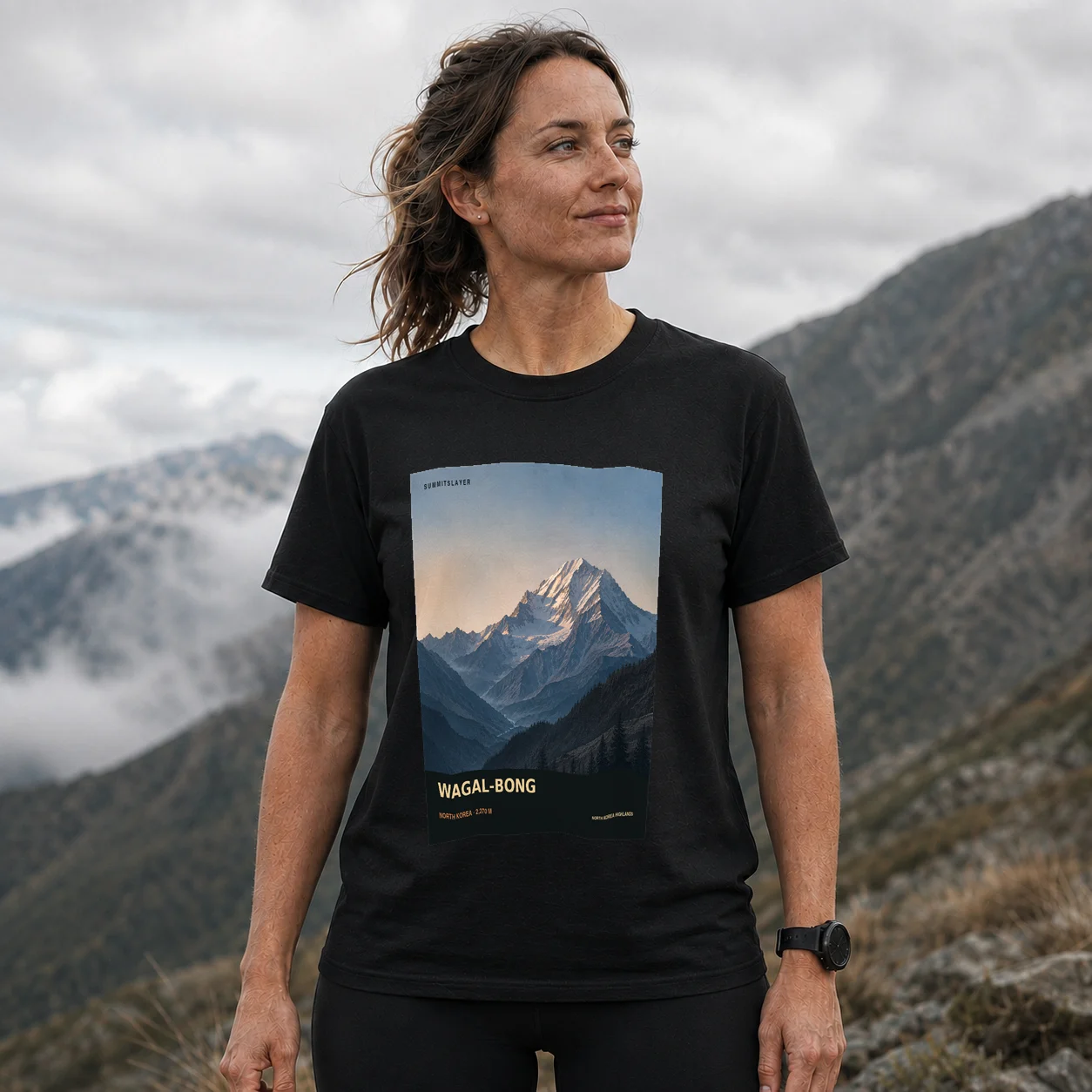 Black Wagal-bong T-shirt front with mountain artwork