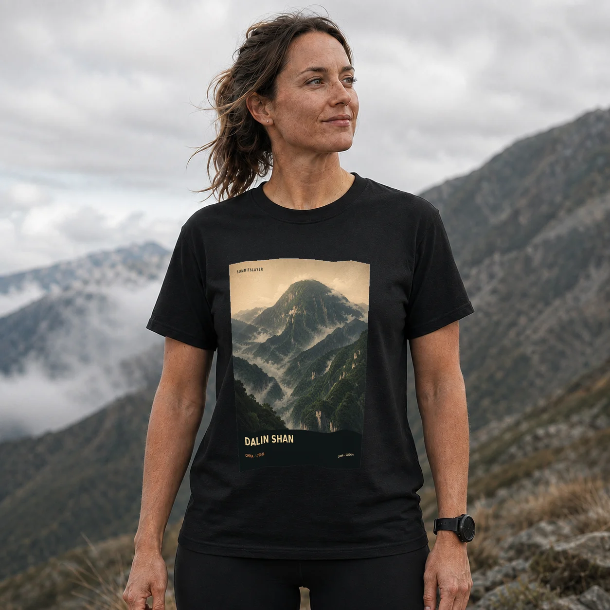 Black Dalin Shan T-shirt front with mountain artwork