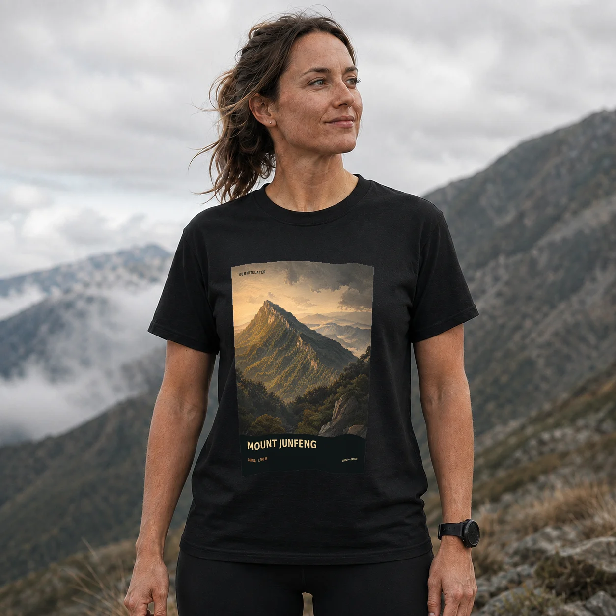 Black Junfeng Shan T-shirt front with mountain artwork