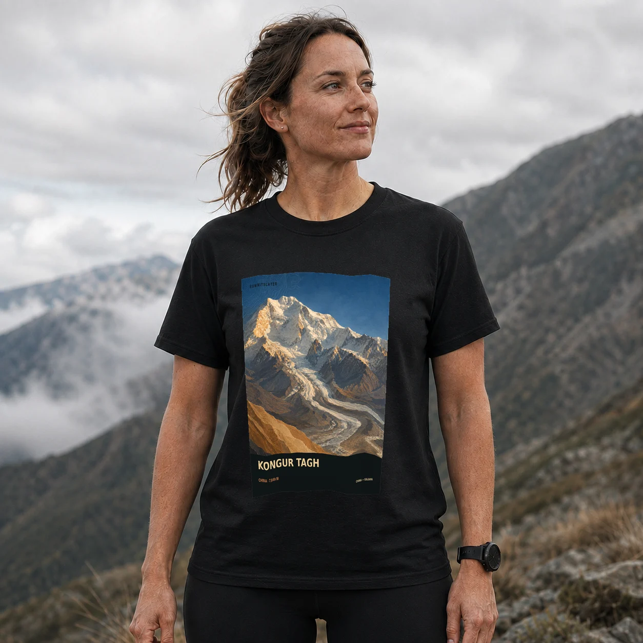 Black Kongur Shan T-shirt front with mountain artwork