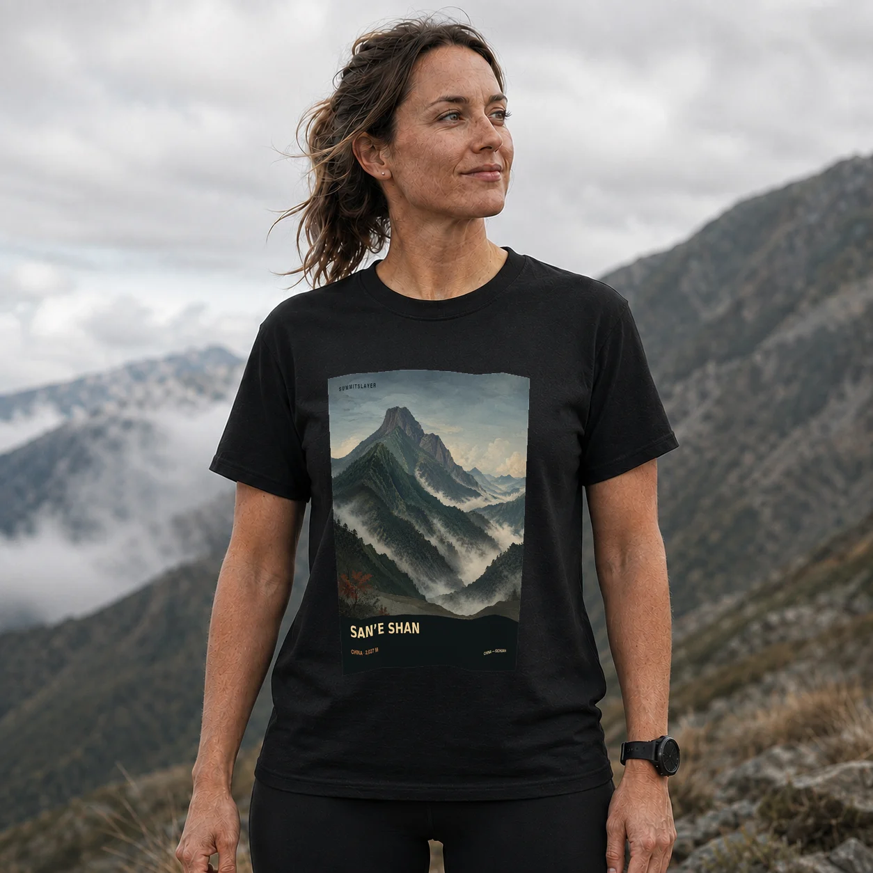 Black San’e Shan T-shirt front with mountain artwork