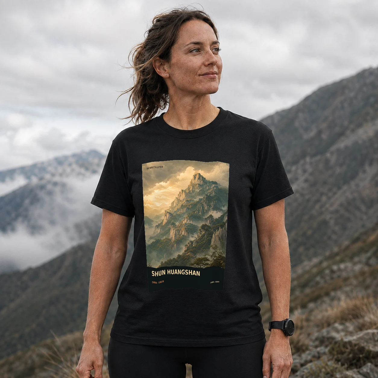 Black Shunhuang Shan T-shirt front with mountain artwork