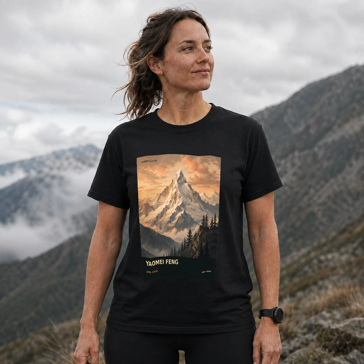 Black Siguniang Shan T-shirt front with mountain artwork
