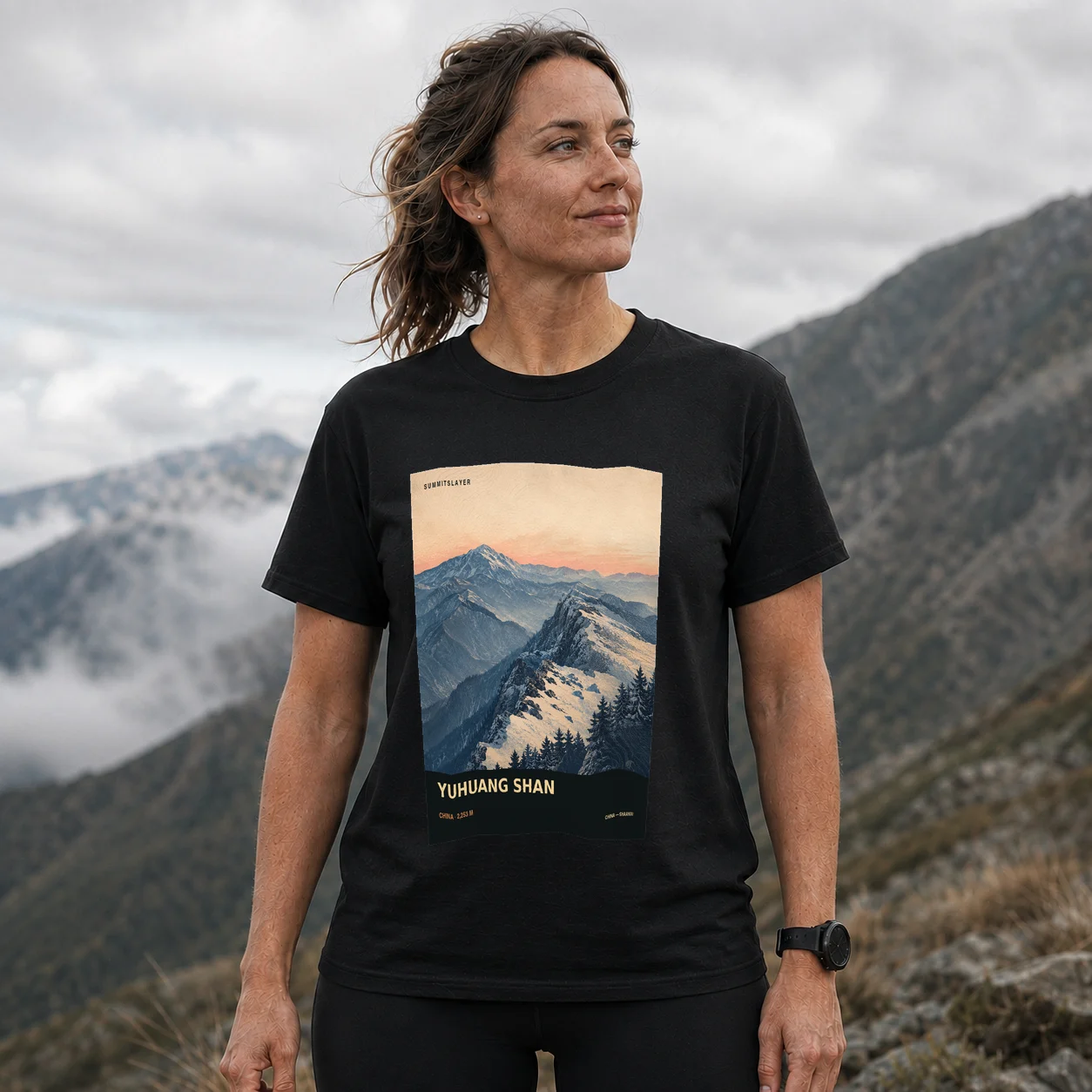 Black Yuhuang Shan T-shirt front with mountain artwork