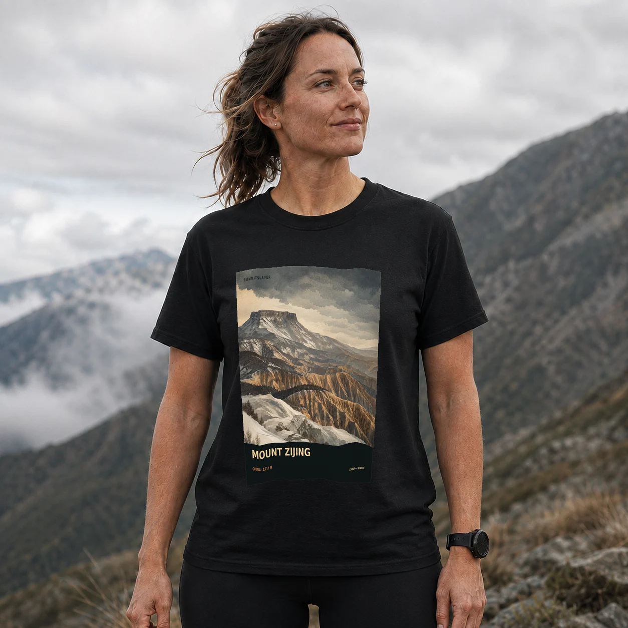 Black Zijing Shan T-shirt front with mountain artwork