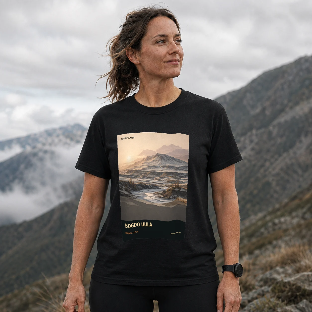Black Bogdo Uula T-shirt front with mountain artwork