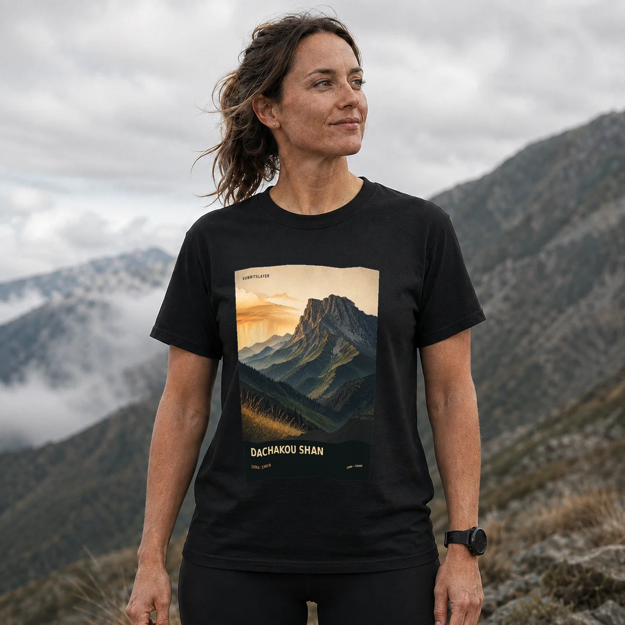 Black Dachakou Shan T-shirt front with mountain artwork
