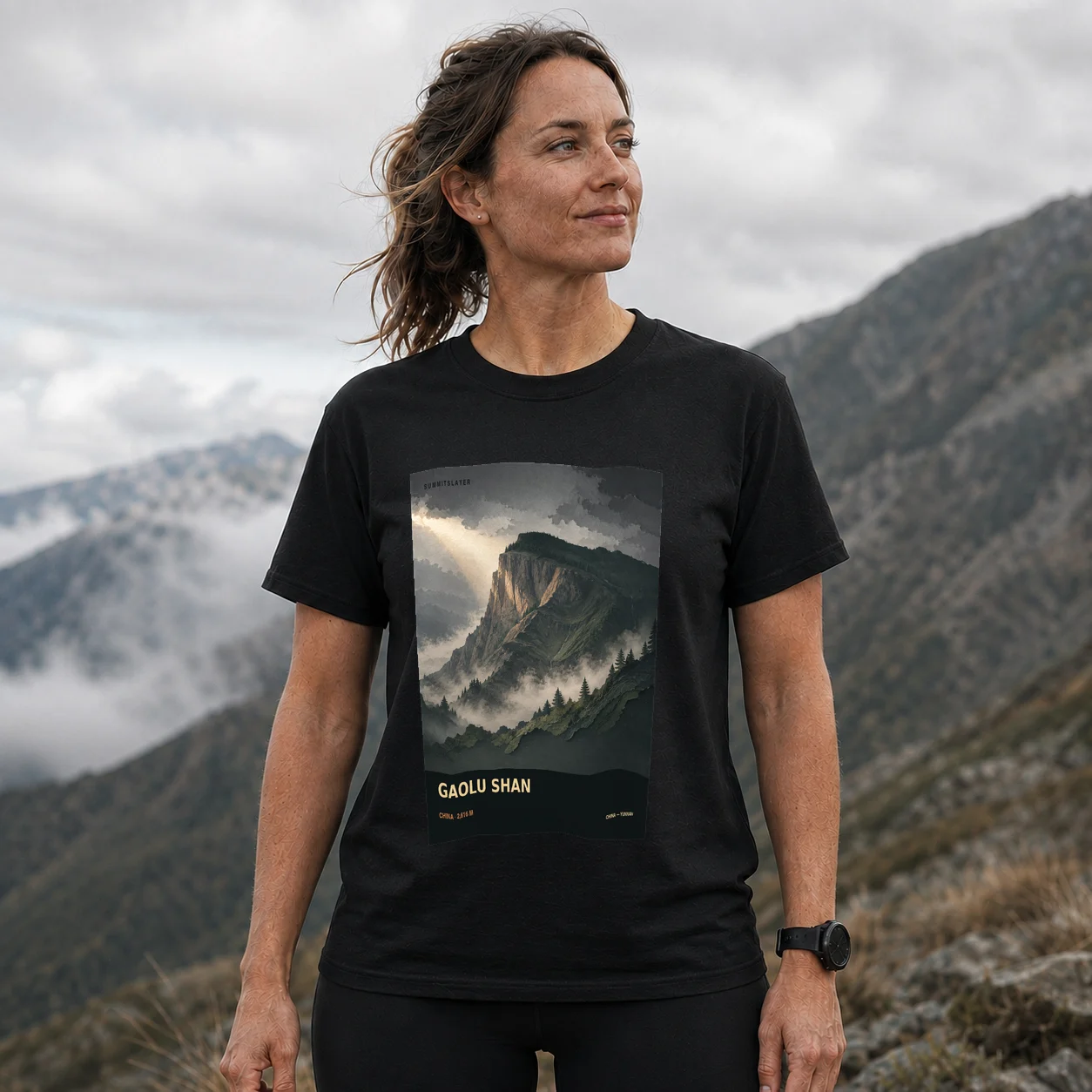 Black Gaolu Shan T-shirt front with mountain artwork