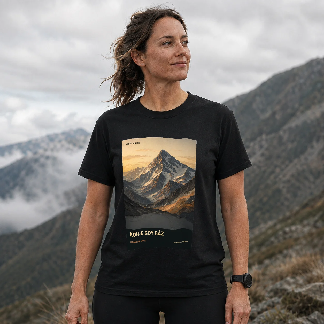 Black Kōh-e Gōy Bāz T-shirt front with mountain artwork