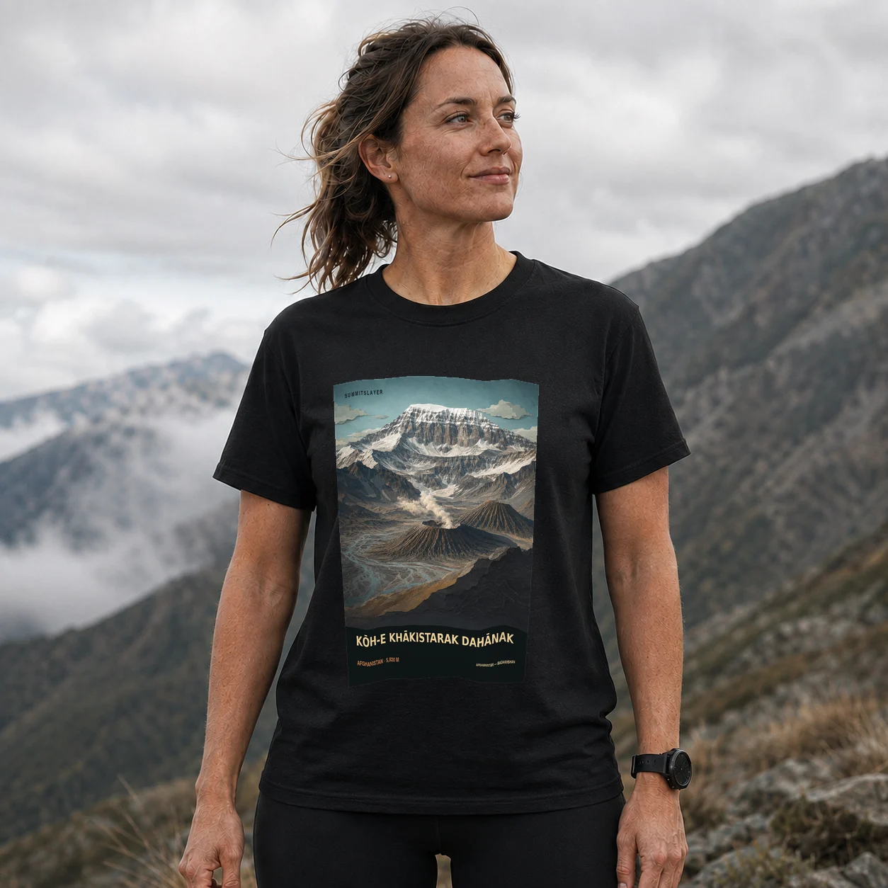 Black Kōh-e Khākistarak Dahānak T-shirt front with mountain artwork