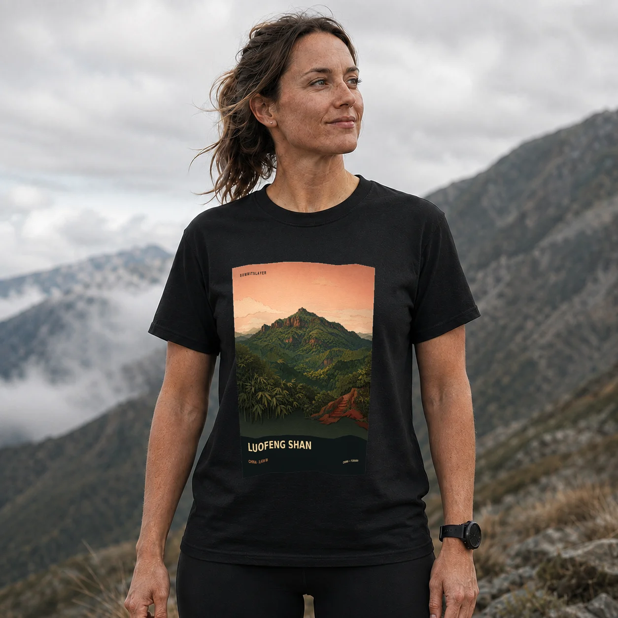 Black Luofeng Shan T-shirt front with mountain artwork