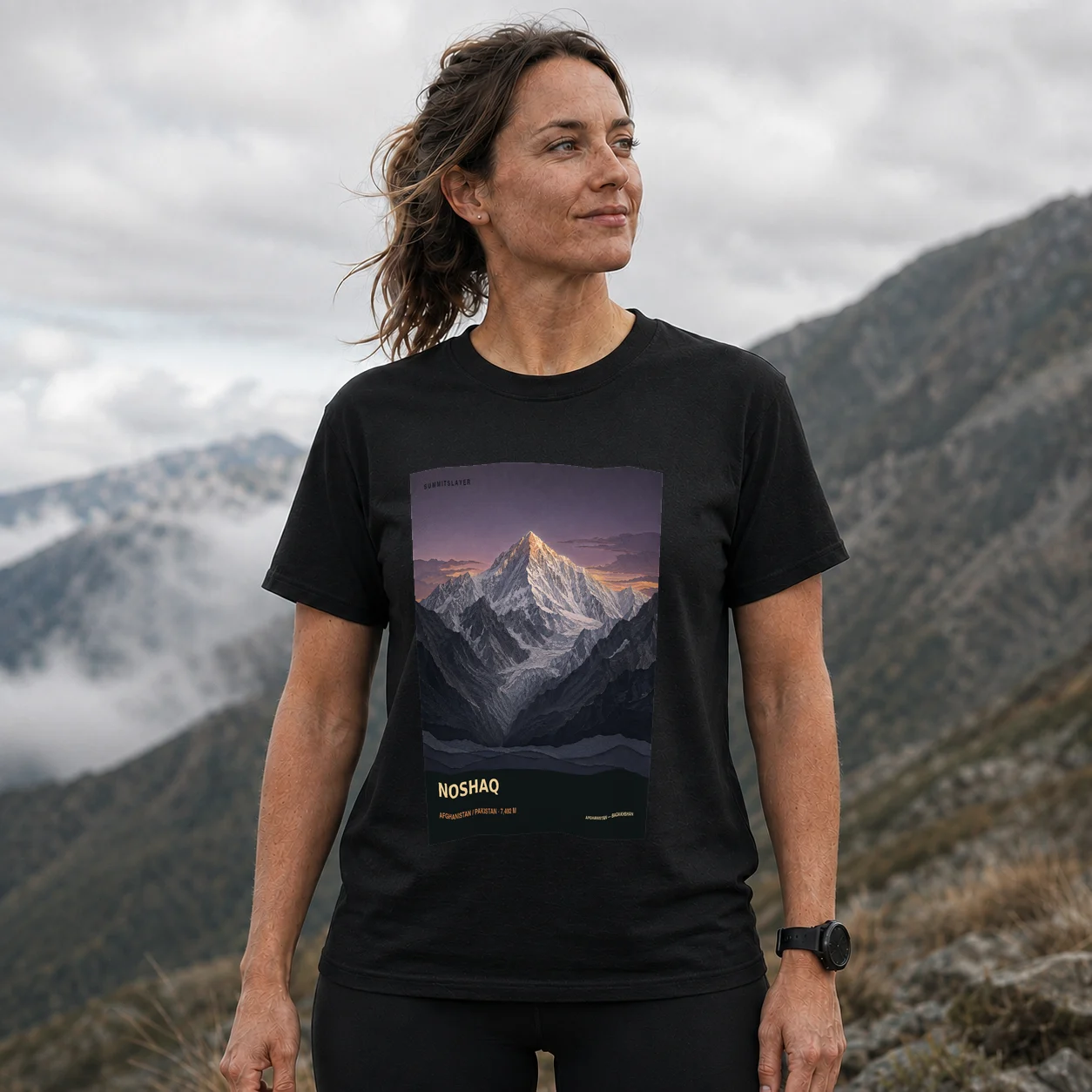 Black Noshaq T-shirt front with mountain artwork