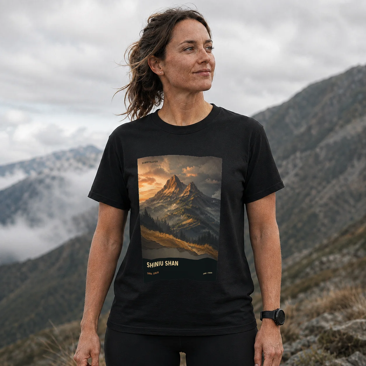 Black Shiniu Shan T-shirt front with mountain artwork