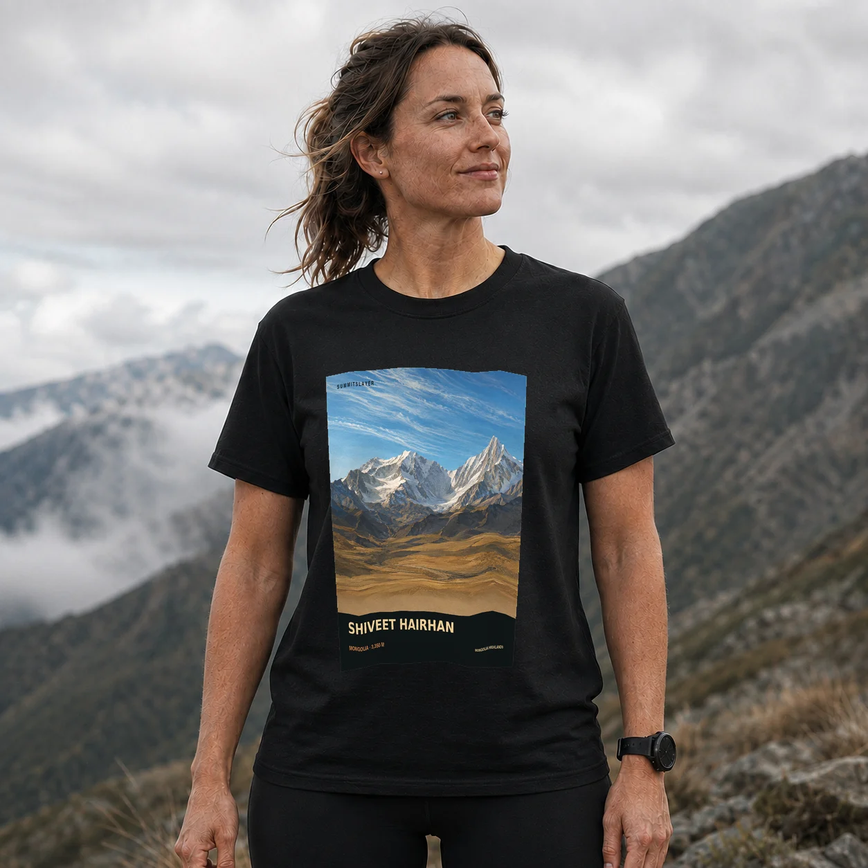 Black Shiveet Khairkhan Uul T-shirt front with mountain artwork