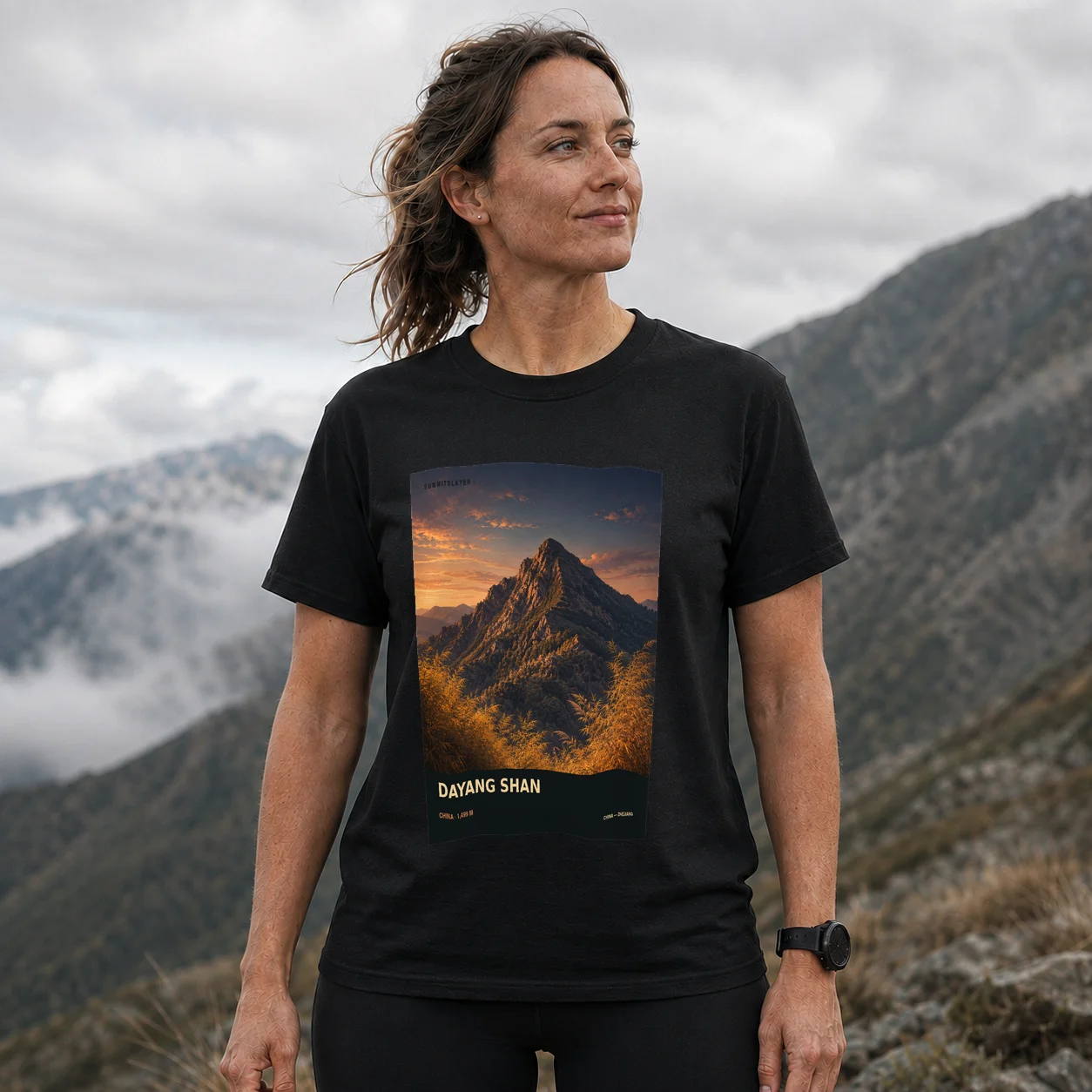 Black Dayang Shan T-shirt front with mountain artwork