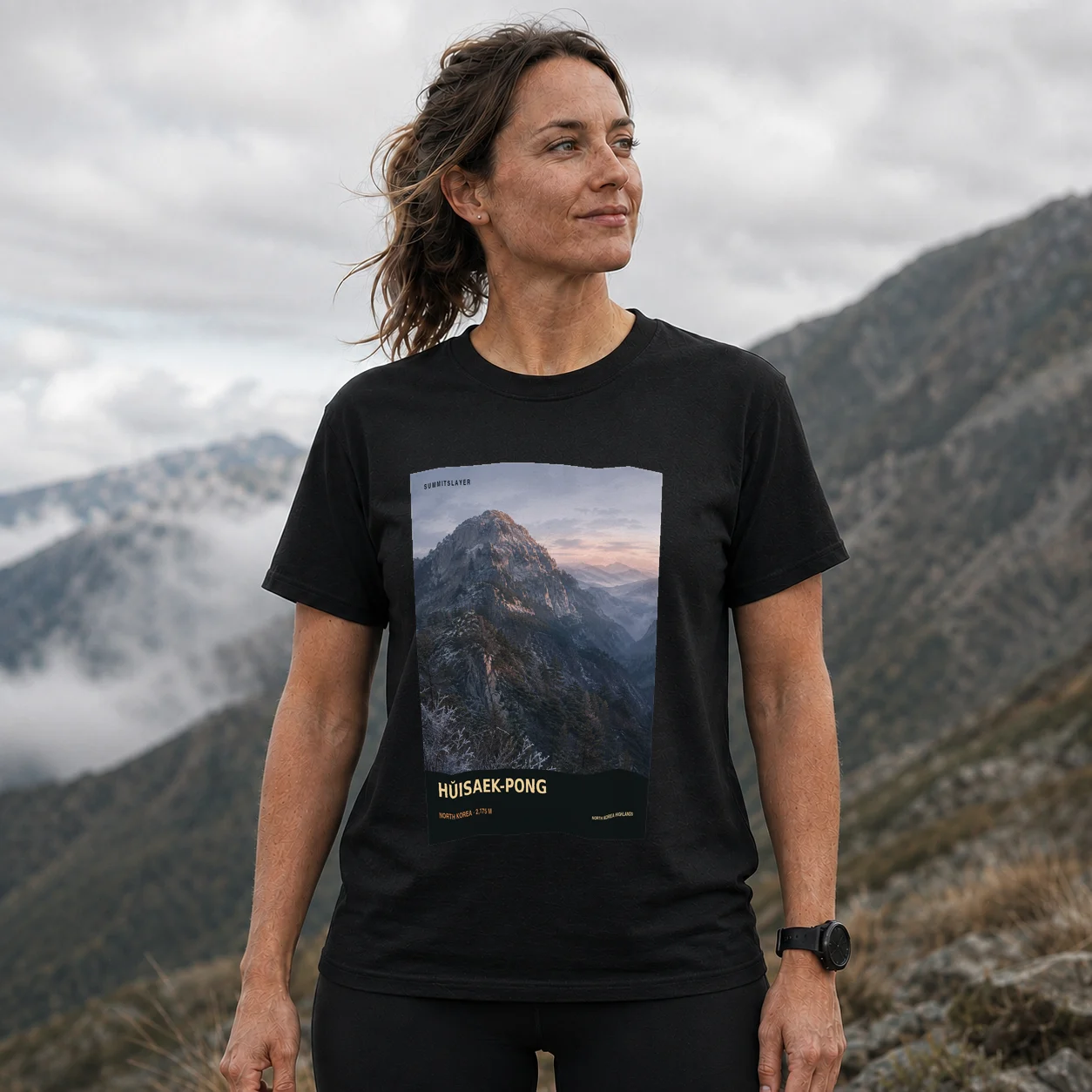 Black Hŭisaek-pong T-shirt front with mountain artwork
