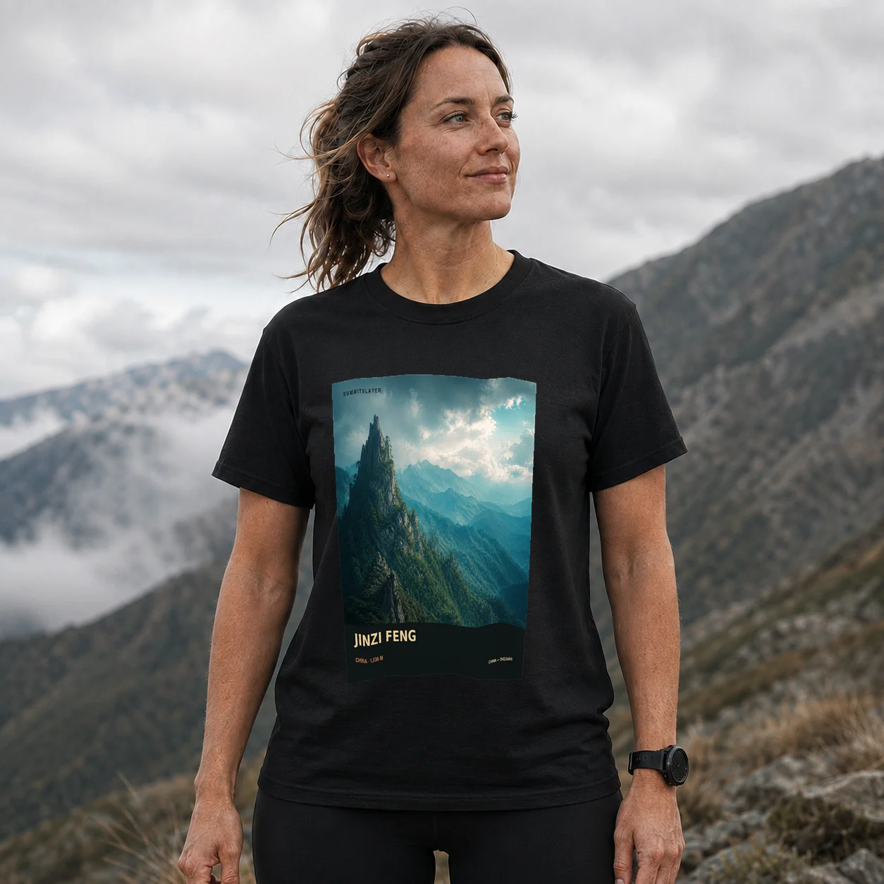 Black Jinzi Feng T-shirt front with mountain artwork