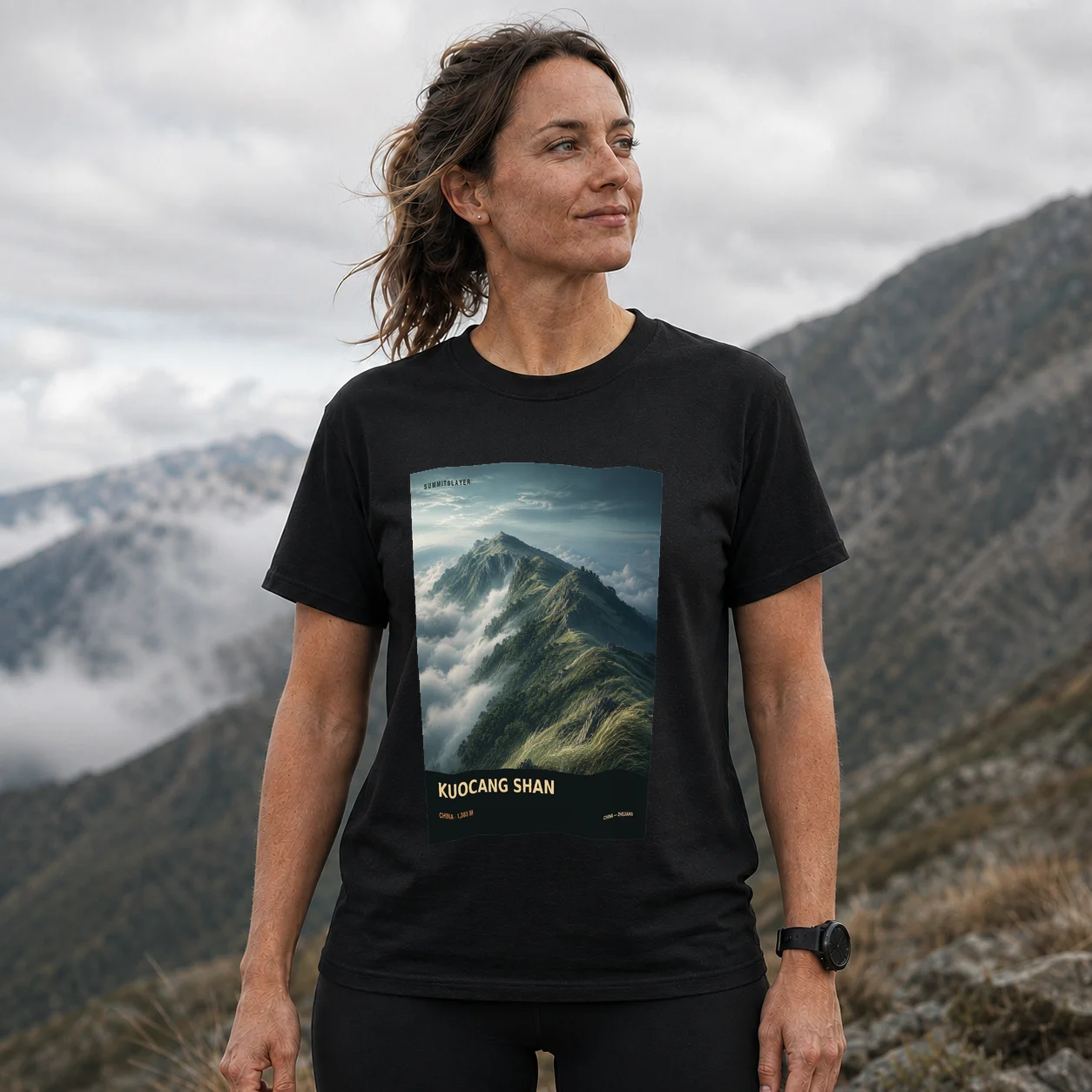 Black Kuocang Shan T-shirt front with mountain artwork